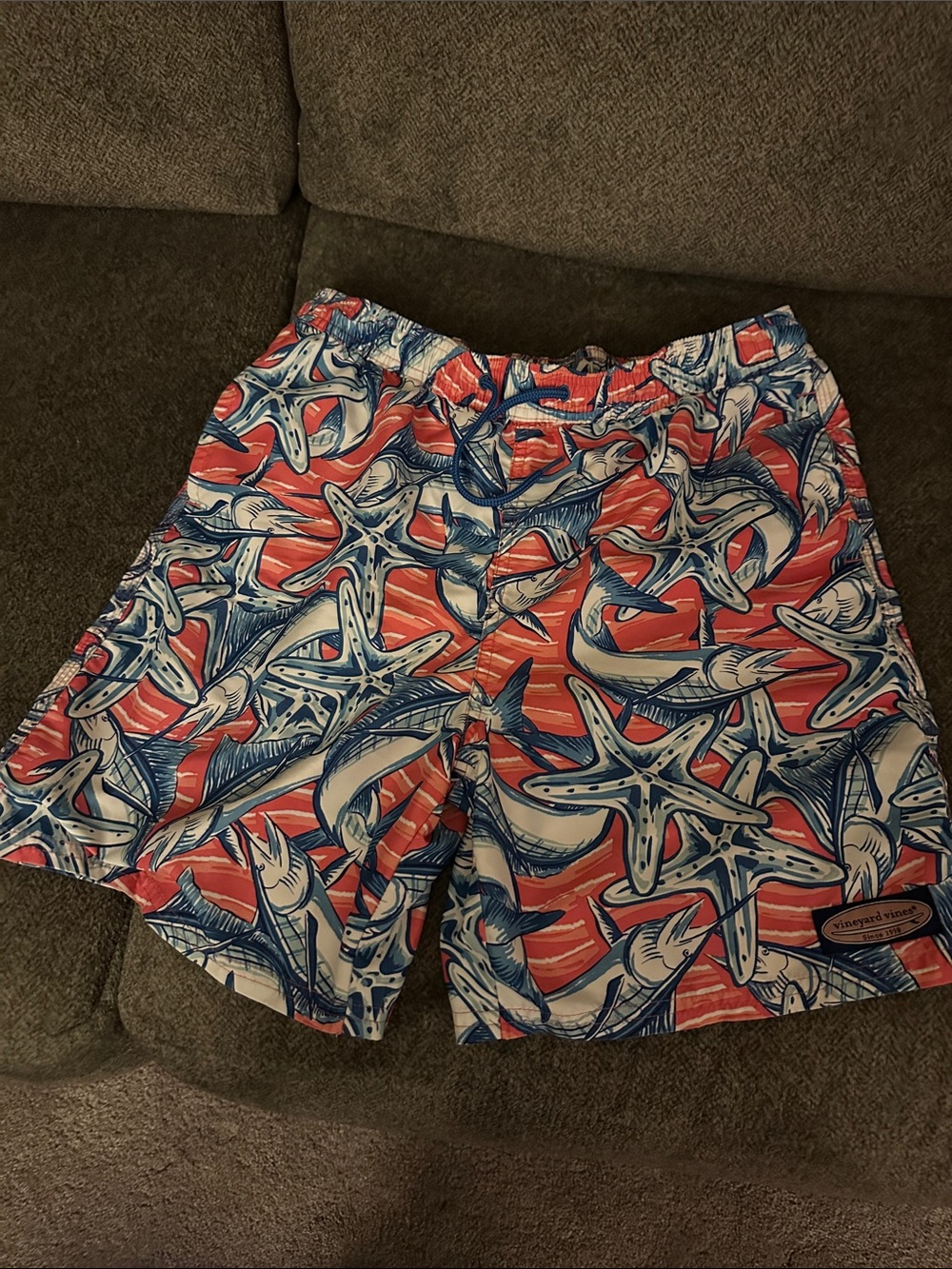 Vineyard Vines Coral & Blue Starfish and Shark Print Swim Trunks